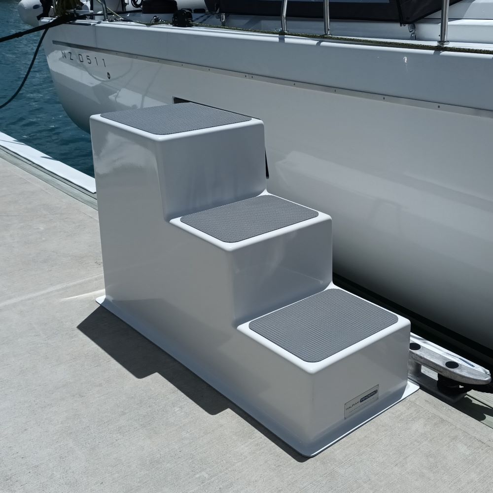 Fibreglass free standing boarding steps for boats available from Hauraki Fenders