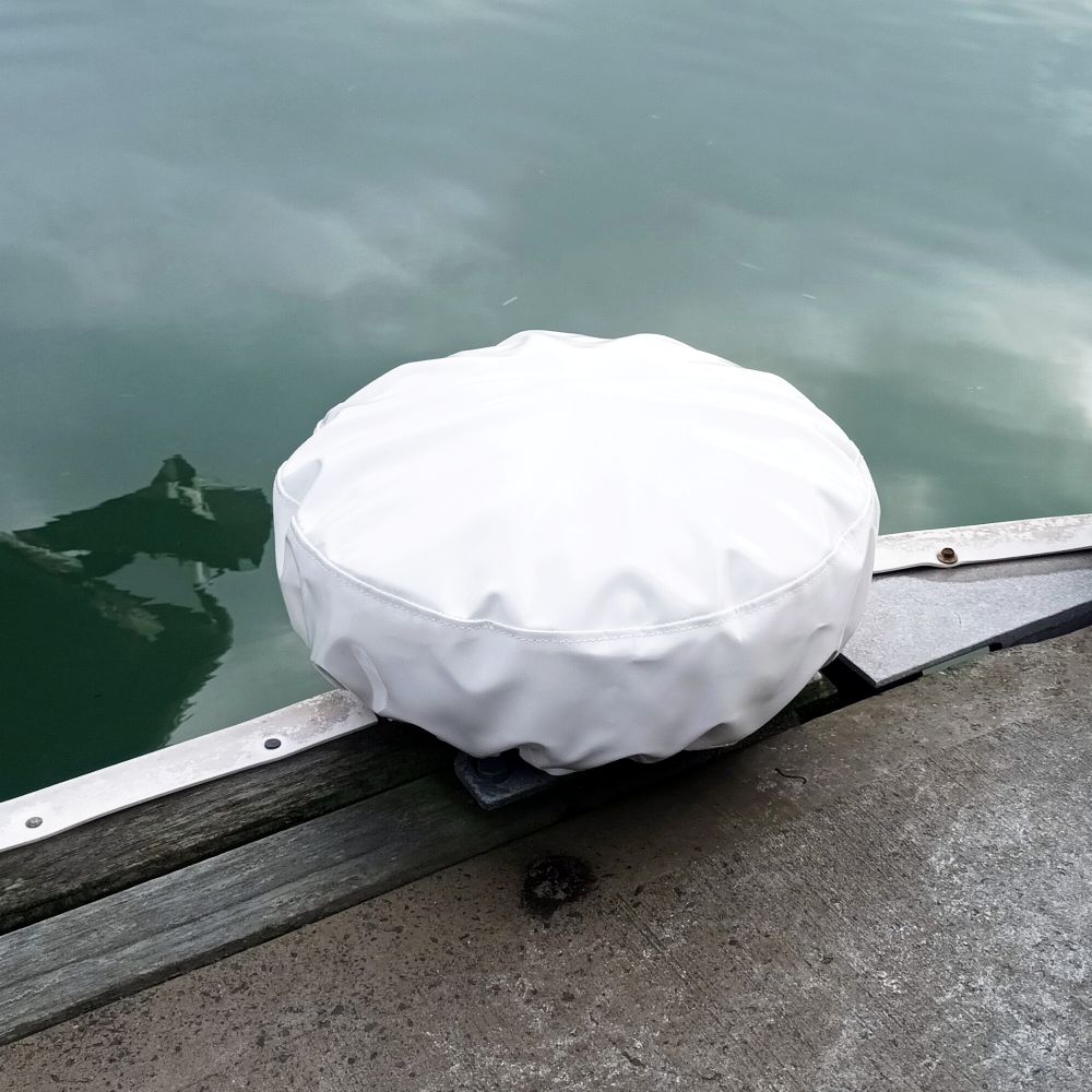 Heavy duty white pvc dock wheel covers for marina berths available from Hauraki Fenders