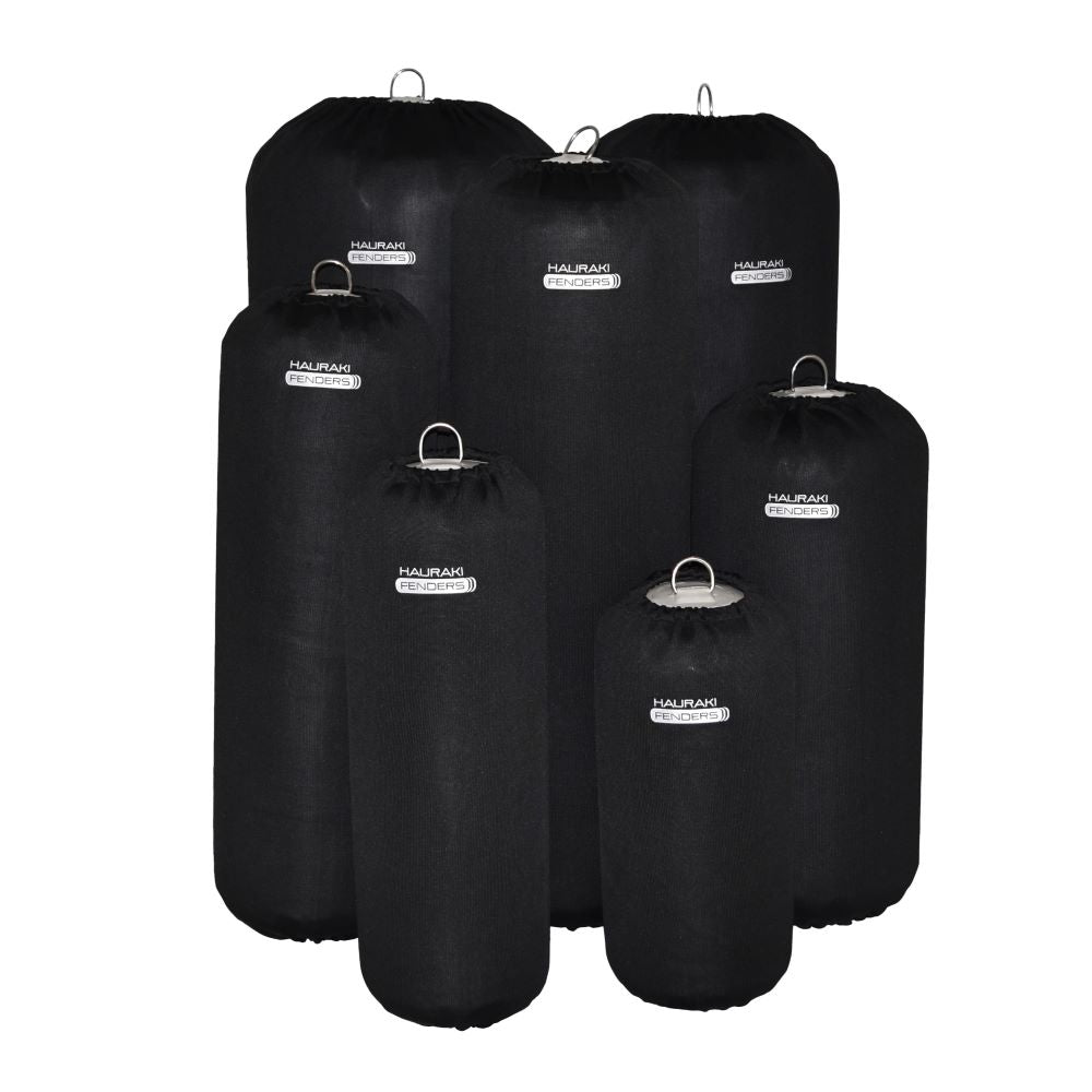 Hauraki Knitted Polyester Fender Covers -  Tubular black fender covers with drawstring for inflatable boat fenders