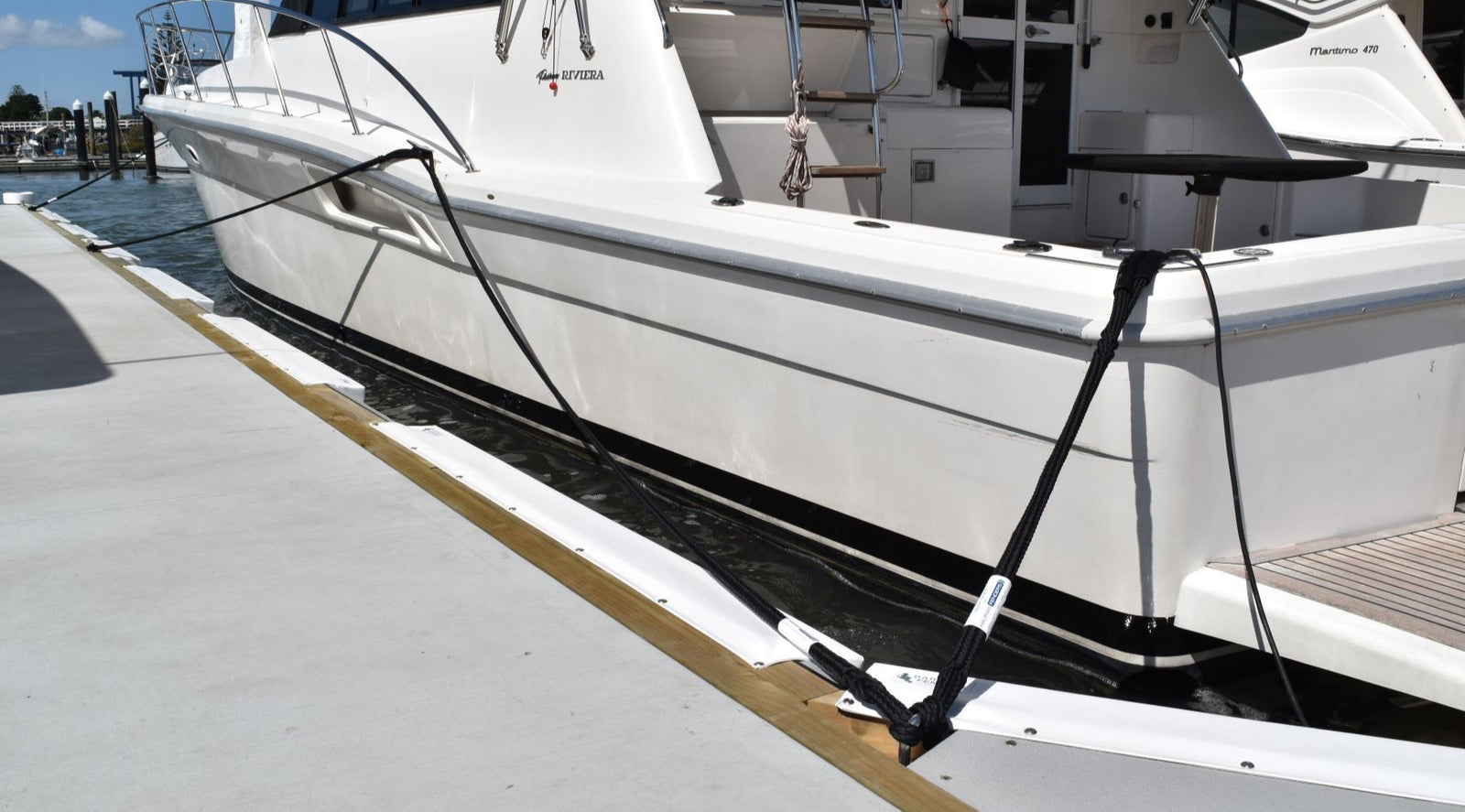 Marina Berth Set up by Hauraki Fenders.  Supply and installation of dock lines, marina fenders, dock wheels and pole fenders.  Grand Pacific, Ultralon, Marinaquip and Barrier Fenders. 