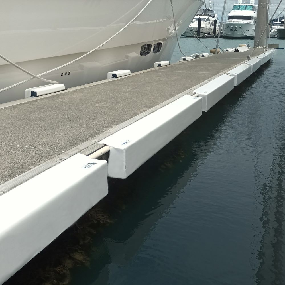 Deluxe Barrier Fenders available from Hauraki Fenders - 2m pvc covered foam marina fender with invisible fasteners and shaped to fit around a marina berth rub strip