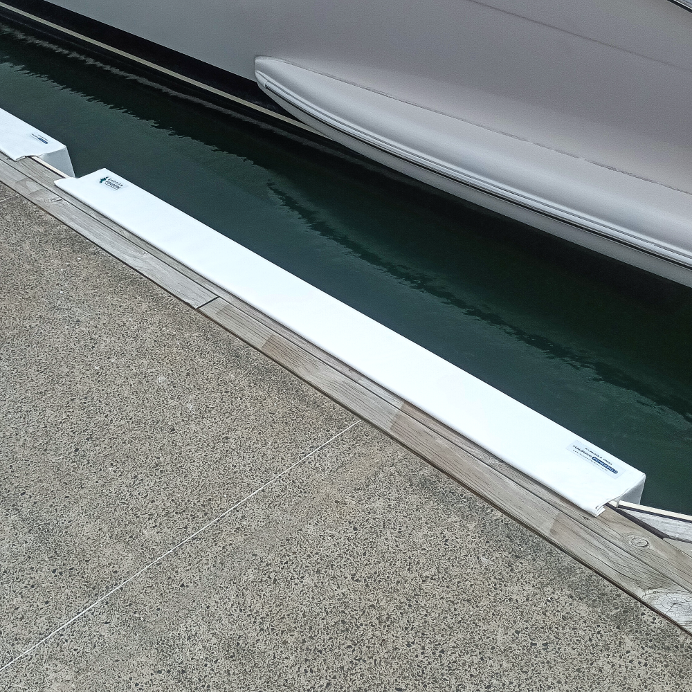 Deluxe Barrier Fenders available from Hauraki Fenders - 2m pvc covered foam marina fender with invisible fasteners and shaped to fit around a marina berth rub strip