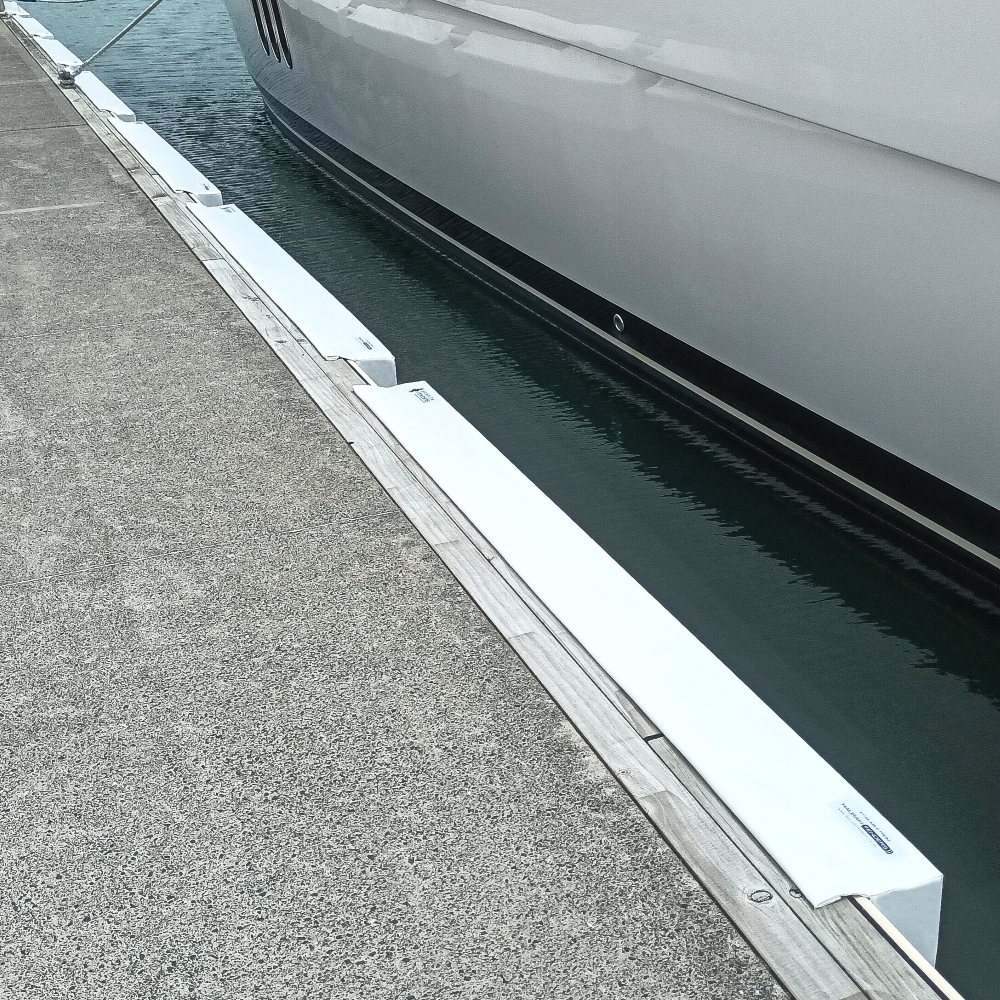 Deluxe Barrier Fenders available from Hauraki Fenders - 2m pvc covered foam marina fender with invisible fasteners and shaped to fit around a marina berth rub strip