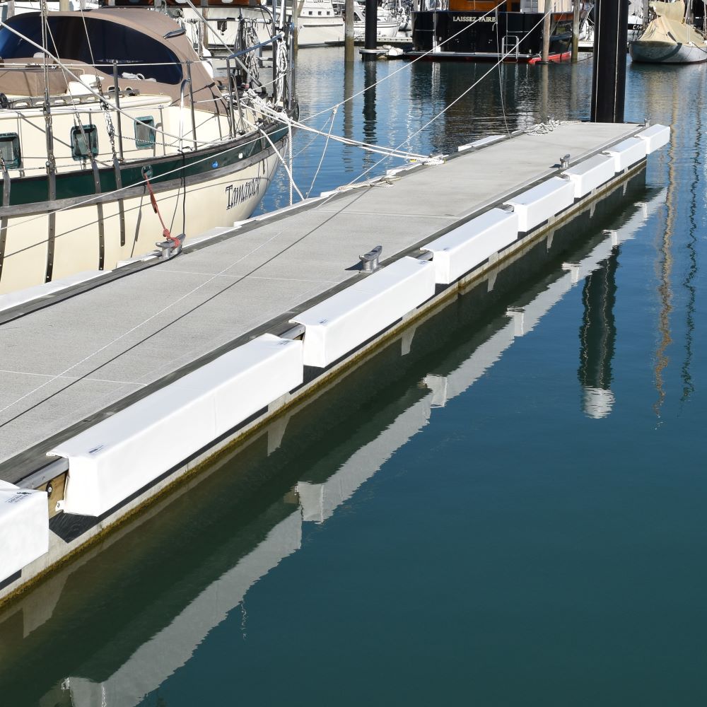 Deluxe Barrier Fenders available from Hauraki Fenders - 2m pvc covered foam marina fender with invisible fasteners and shaped to fit around a marina berth rub strip